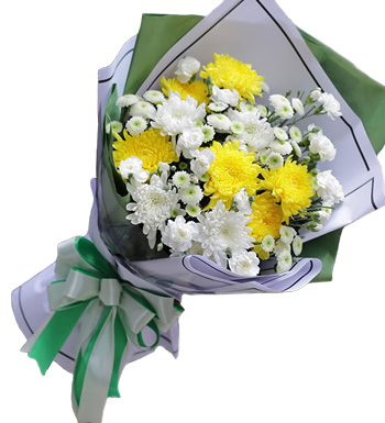思念（悼念花束）-黄色菊花6枝，白色菊花5枝